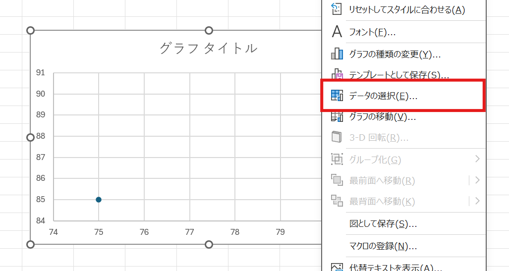 作成したグラフの上で右クリックし、メニューから [データの選択] をクリック